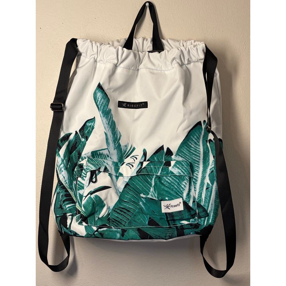 Risefit waterproof drawstring backpack tropical banana leaf pattern White-Green
